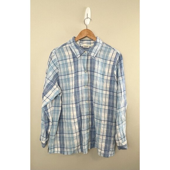 Cherokee Women’s 100% Linen‎ Button Up Blouse Blue Striped Women’s Sz 16W - Picture 1 of 6
